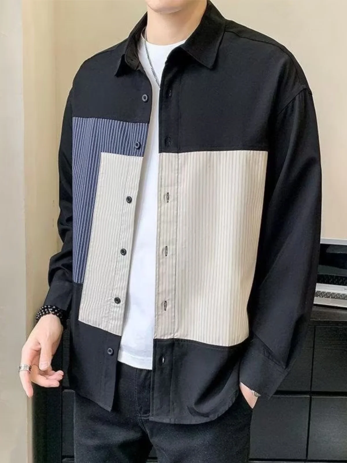 

Casual Cotton Long Sve irt Men's Japanese Sle Iron Free Antimicrobial Personali Splicing Color Blo Spring Autumn T...