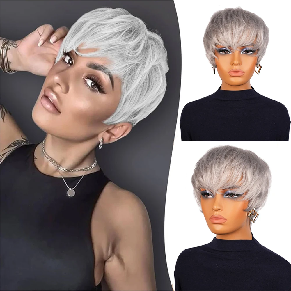 Серебристо-серые прямые парики из натуральных волос Короткий парик с стрижкой пикси Бразильские волосы с предварительно выщипанной челкой Машинное производство для женщин Ежедневное использование