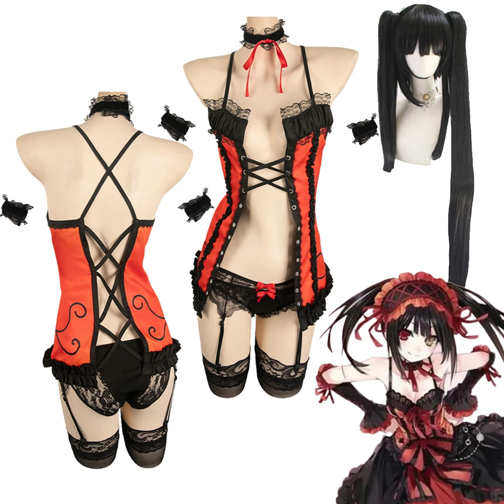 

Tokisaki Kurumi Cosplay Anime DATE Fantasia A LIVE Wig Costume Disguise For Women Adult Red Sexy Set Halloween Carnival Suit