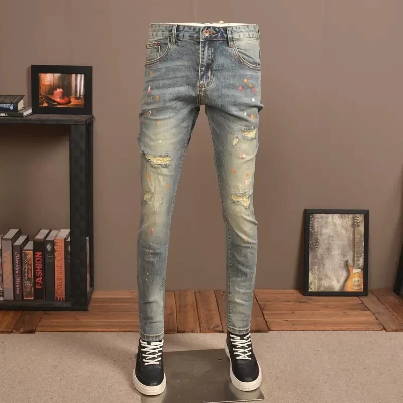 Street Fashion Männer Jeans Retro Waschen Elastische Slim Fit Zerrissene Jeans Männer Loch Hosen Vintage Designer Gemalt Denim Hosen Hombre