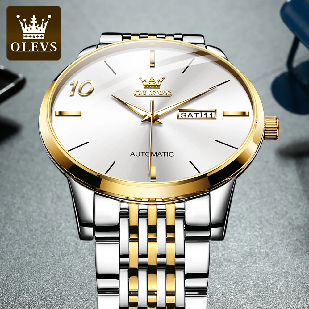 OLEVS 6632 Fashion Mechanical Watch Gift Stainless Steel Watchband Round-dial Wristwatch Week Display Calendar Luminous