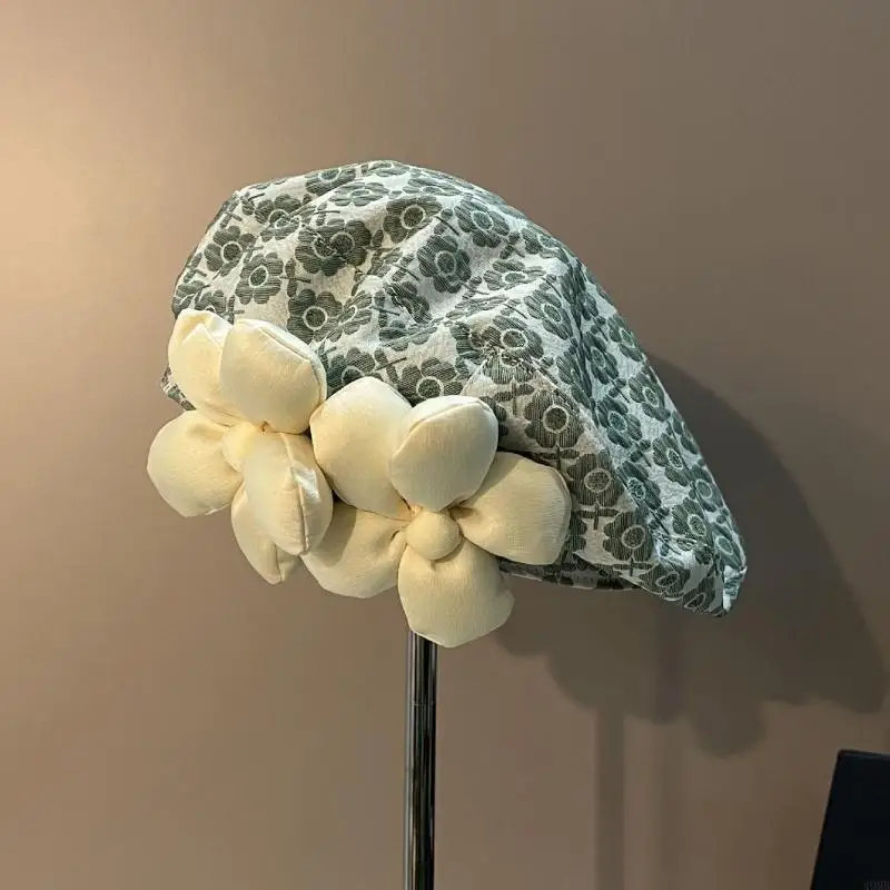 قبعة بيريه بسيطة قبعة فرنسية مع قبعة صغيرة على شكل زهور ثلاثية الأبعاد هدية للنساء والفتيات 49 ميجابايت #4