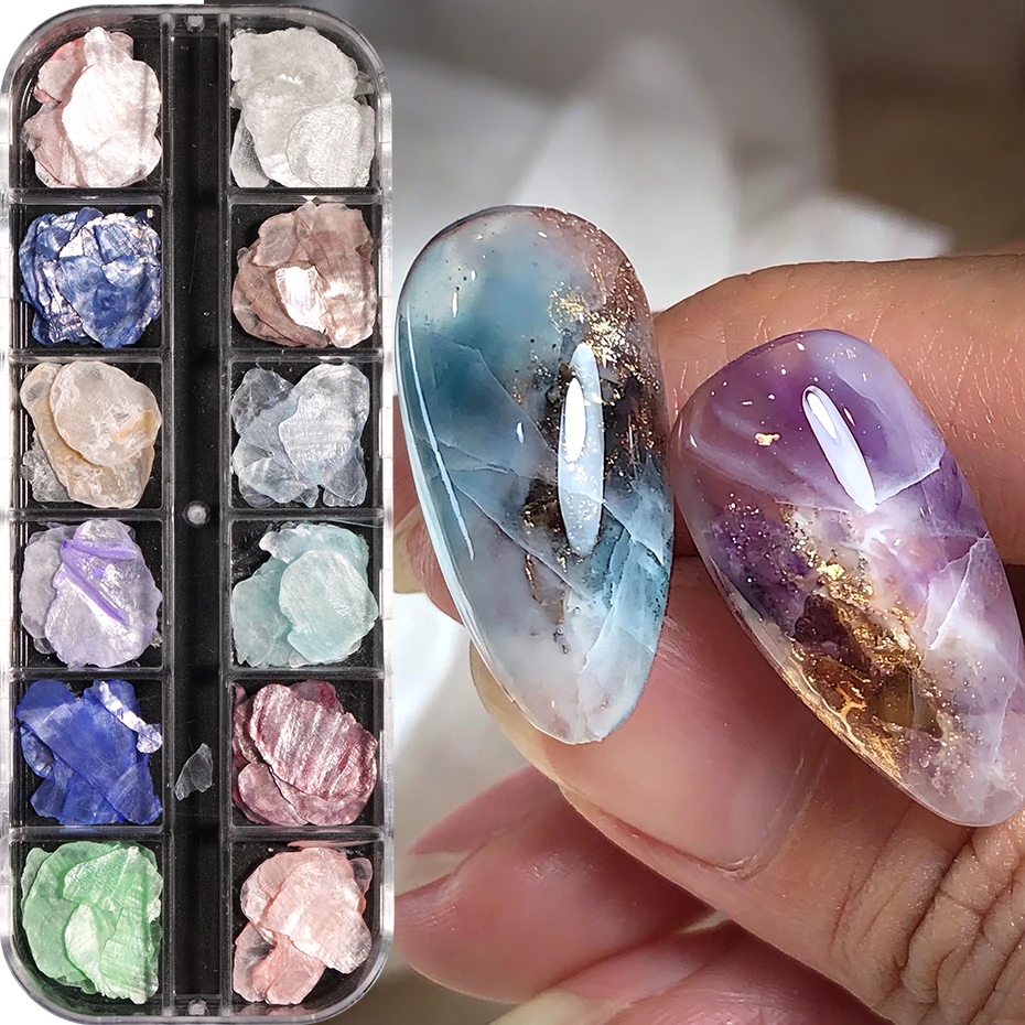 12 compartiments de paillettes pour nail art en forme de coquillages, tranches fines irisées de coquillages marins, fragments de coquillages opale, décoration d'ongles 3D, paillettes scintillantes pour manucure