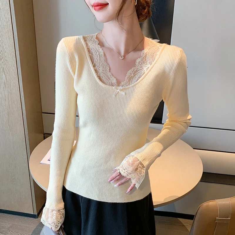 

2024 Autumn Winter women's blouses New Slim Women's Clothing Solid Long Sleeve Women's Shirt OL Lace V-Neck Spliced Corset Tops