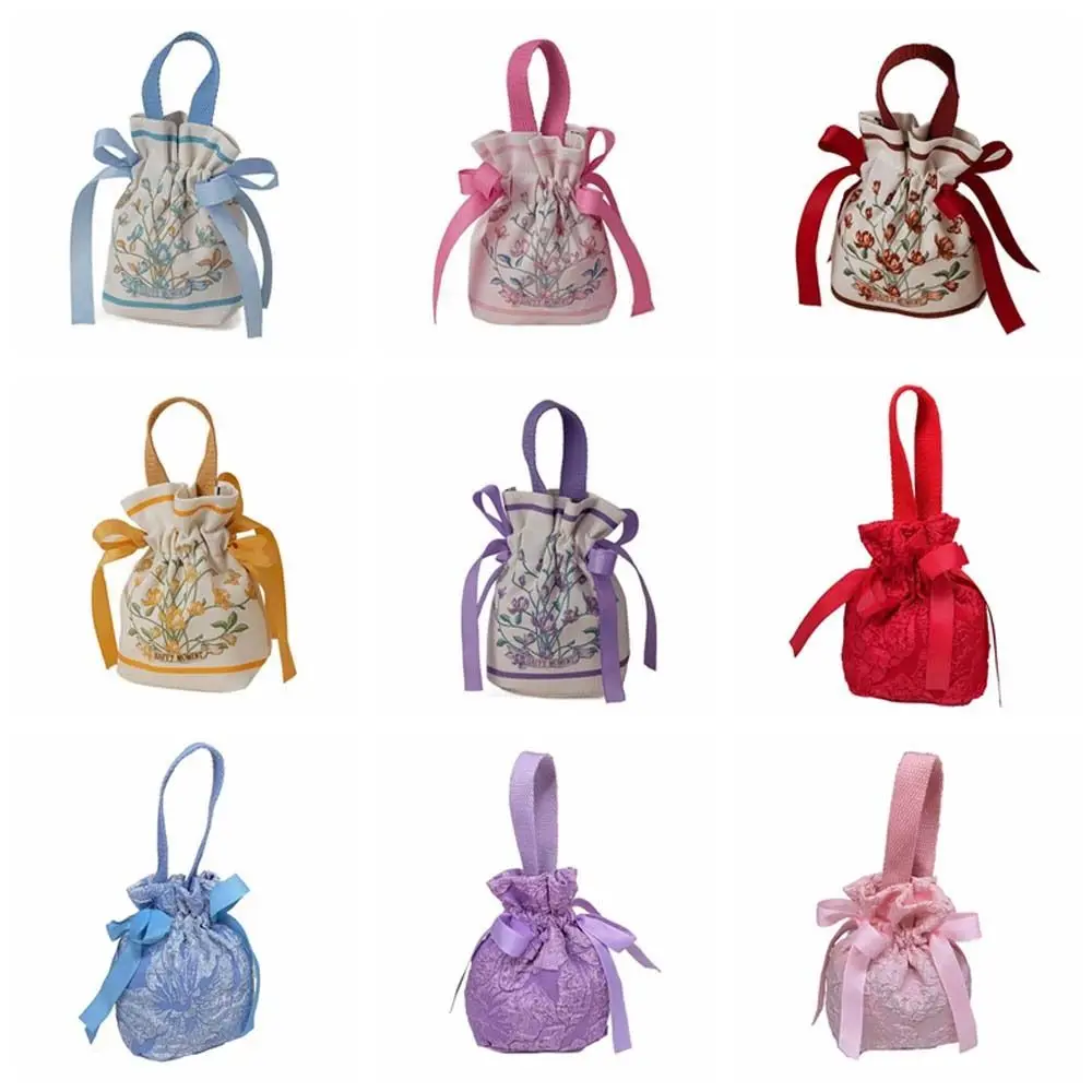 Korean Canvas Festive Floral Drawstring Sugar Bag Flower Bowknot Wedding Handbag Large Capacity Souvenir Bag Jewerly Packing Bag