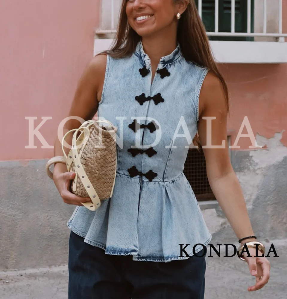 KONDALA Women Elegant Vintage Denim Vest 2026 Summer Trendy Holiday Streetwear Sleeveless Vest Female Casual Rope Knotted Vest