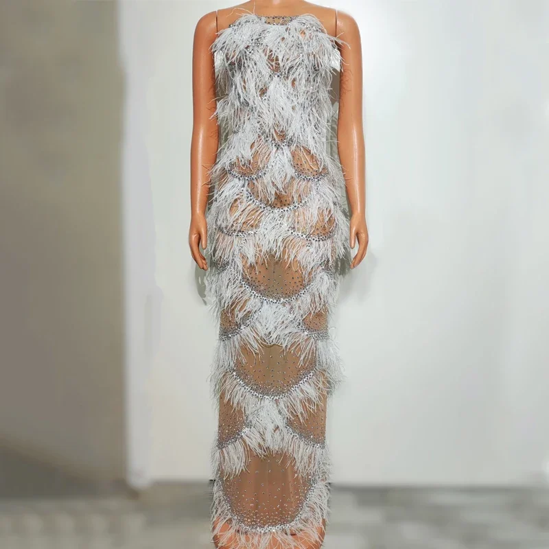 Фестивальные наряды с перьями, женское праздничное платье со стразами, праздничные вечерние костюмы, сценическая одежда