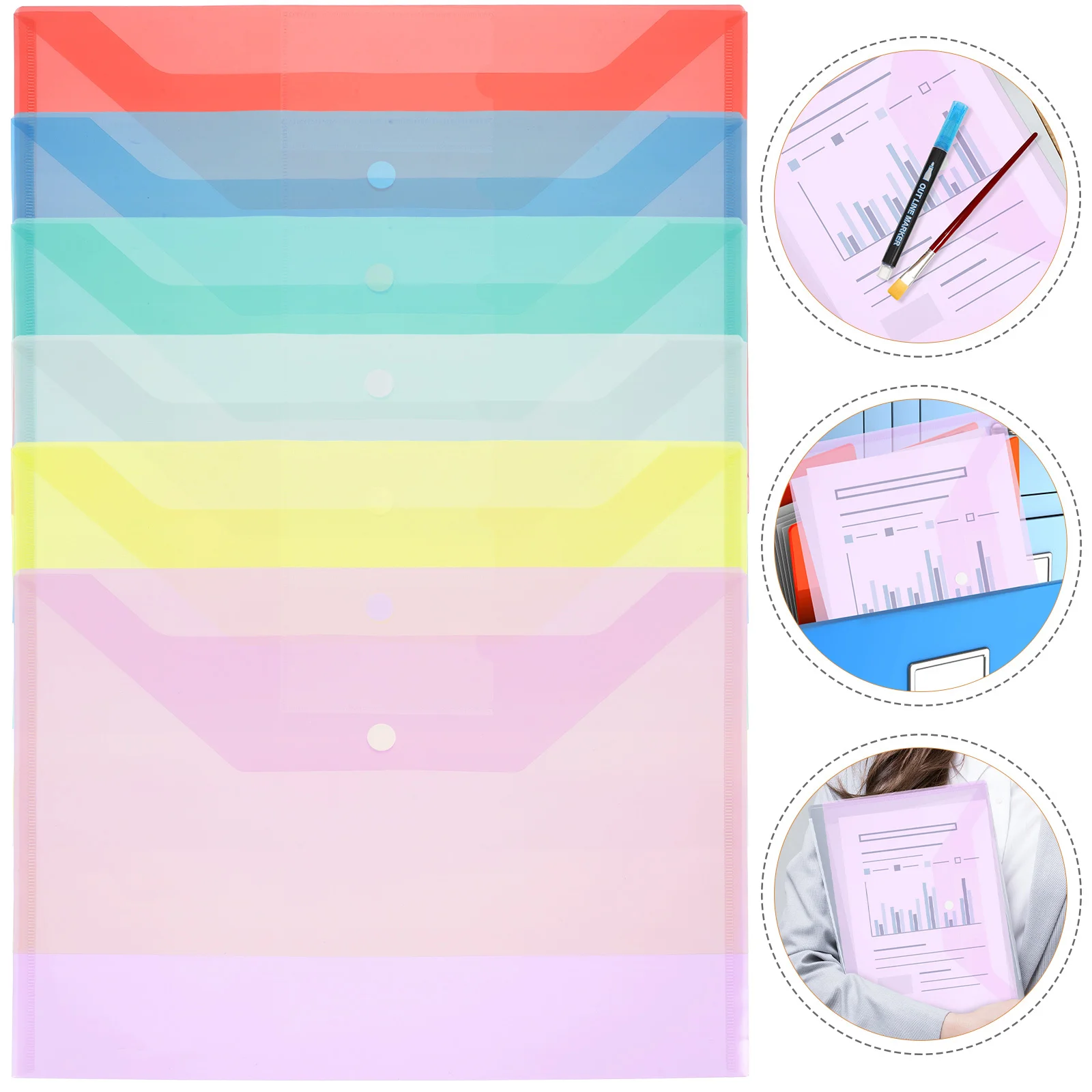

6pcs Pp File Folders Transparent Document Organizer With Cardholder Snap Button Thick Plastic File Pockets For A4 Documents