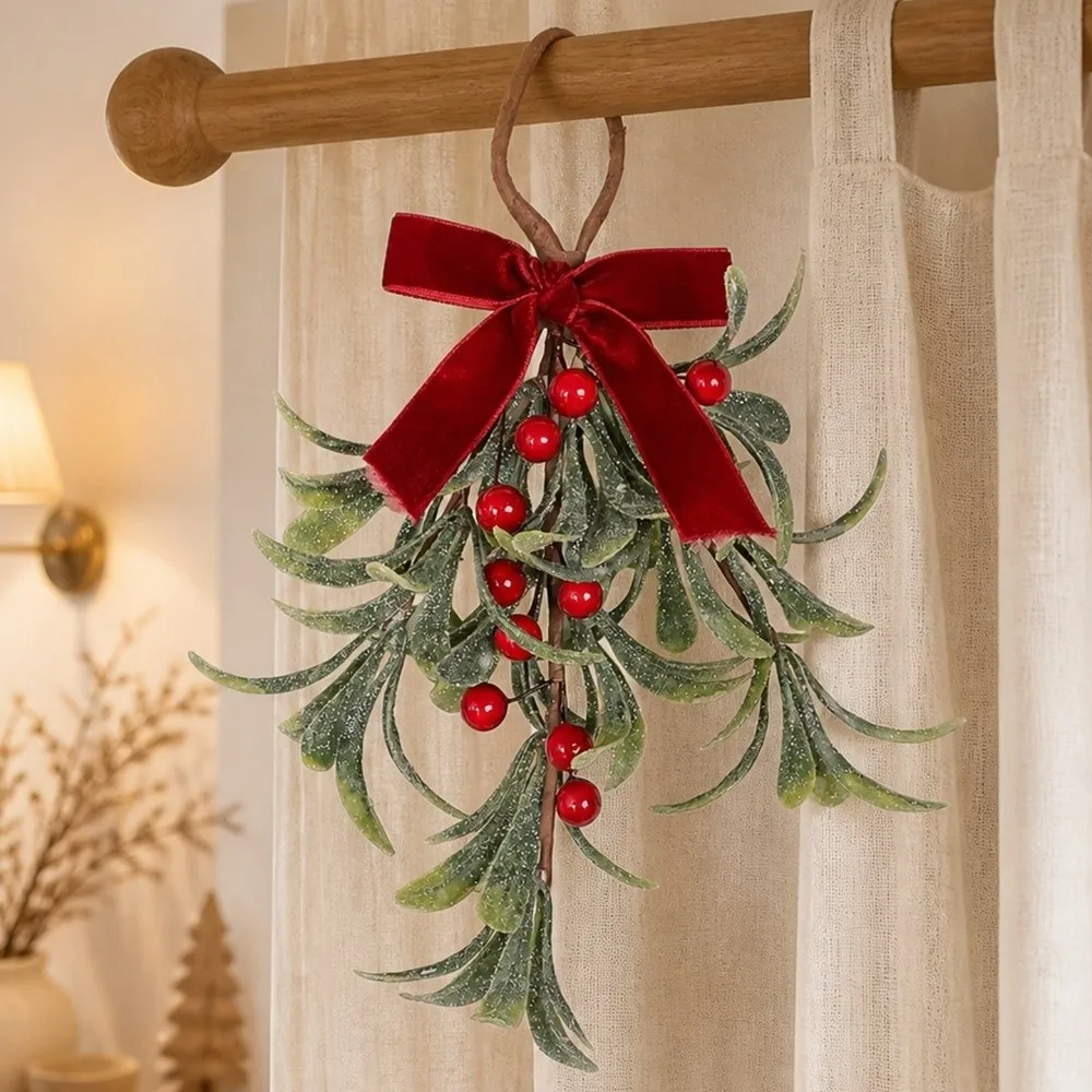 Lifelike Artificial Christmas Tree Wreath Red Berries With Bowknot Xmas Garland Decorative Artificial Pine Swag Winter