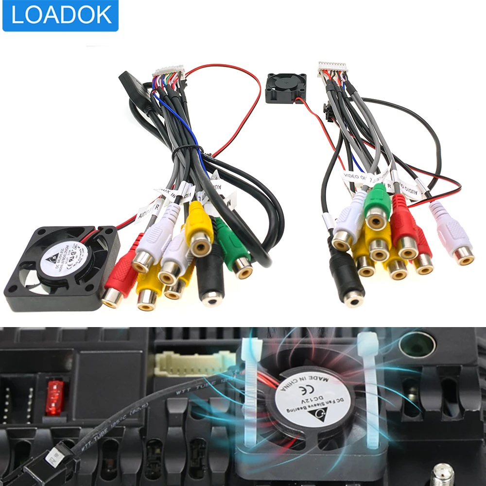 

12V Cooling Fan 20Pin Universal Car Radio Stereo RCA Wiring Harness Cable For Android Multimedia Player Head Unit Accessories