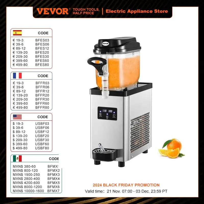 VEVOR Commercial Slushy Machine 300W 110V, 6L/1.6 Gal 25 Cups Single-Bowl Stainless Steel Margarita Smoothie Frozen Drink Maker