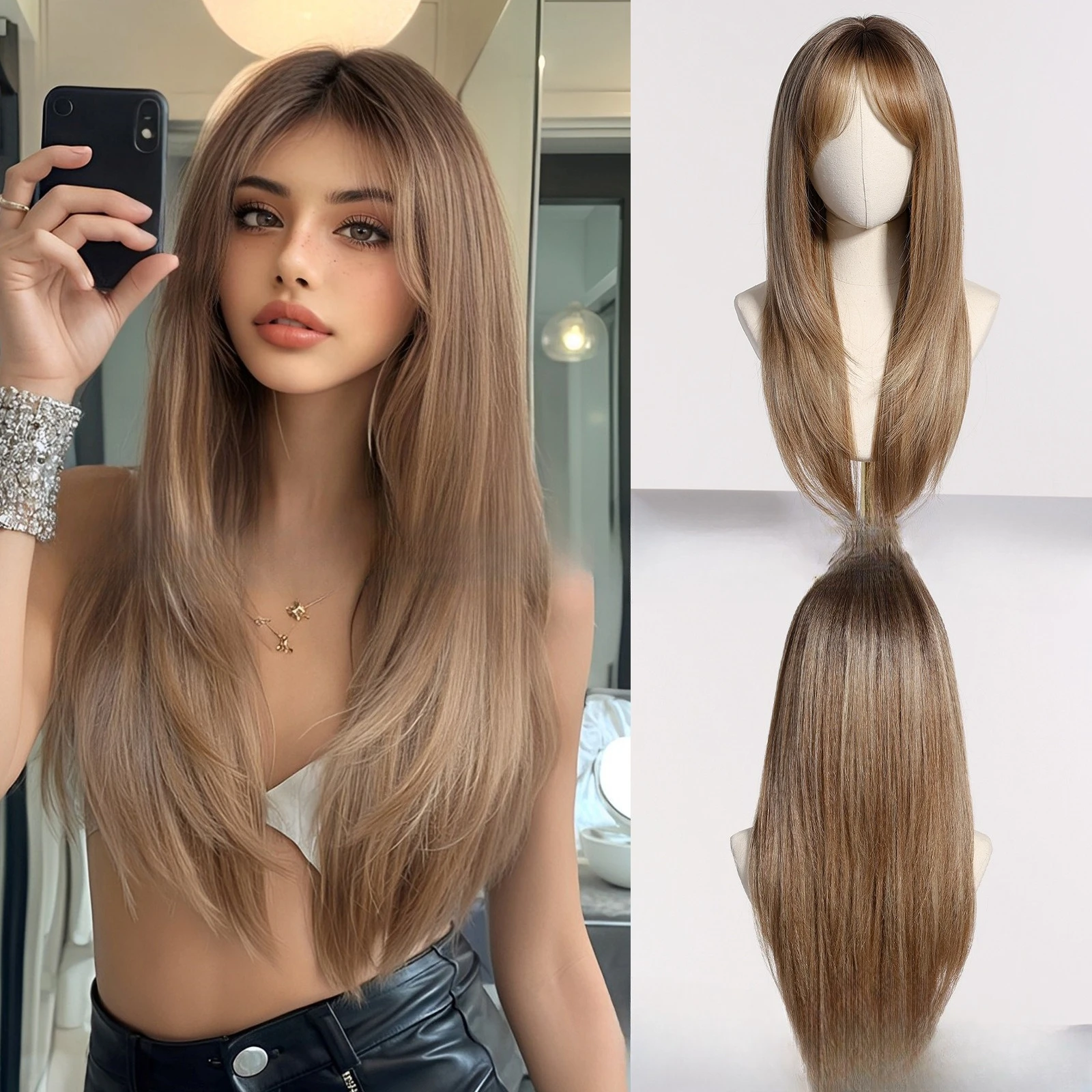 

Wig eight-character bangs brown highlights long straight hair European and American layering full head cover wigs