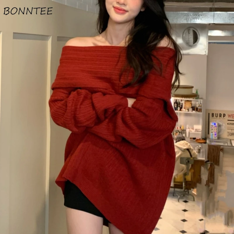 Pullovers Women Slash Neck Soft Long Sleeve Chic Sweet Spicy Girls Off-shoulder All-match Korean Fashion Knitwear Casual Autumn