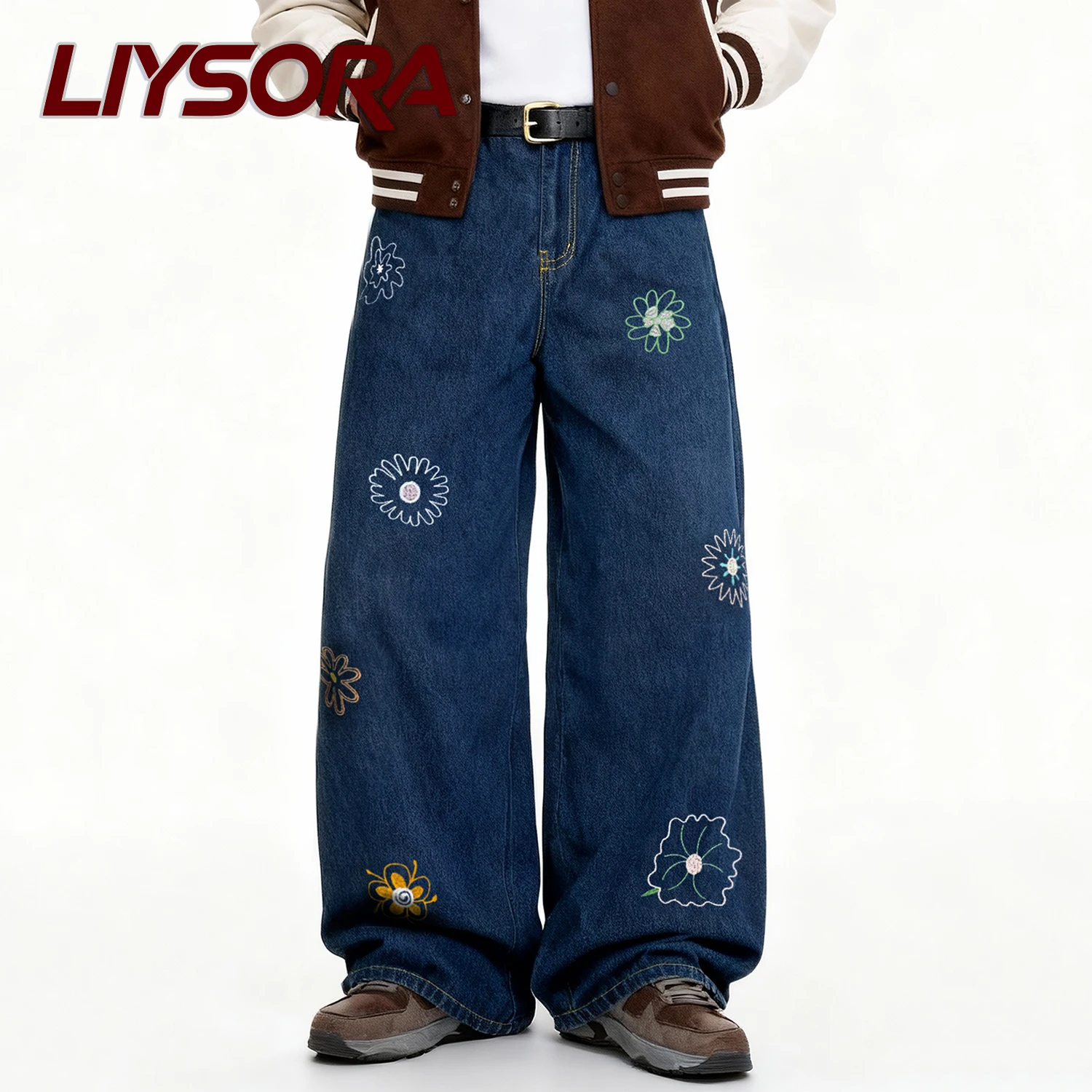 الكورية الأزرق الرجعية Y2K زهرة مطرزة فضفاض واسعة الساق جان للجنسين المتخصصة تصميم فضفاض الدنيم السراويل اليابانية ملابس رجالية غير رسمية #1