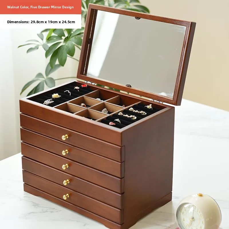 Elegant Multi-Layer  Wood Jewelry Box with Mirror Makeup Storage Box Luxury Drawer Design Vintage Chinese Style