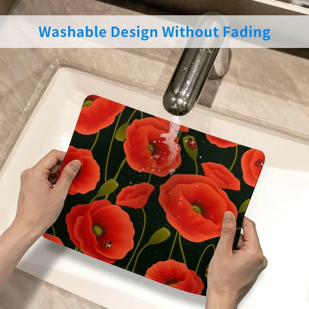 Alfombrilla de ratón para juegos con estampado de flores de amapola de 7x8,6 pulgadas con base de goma antideslizante y bordes cosidos