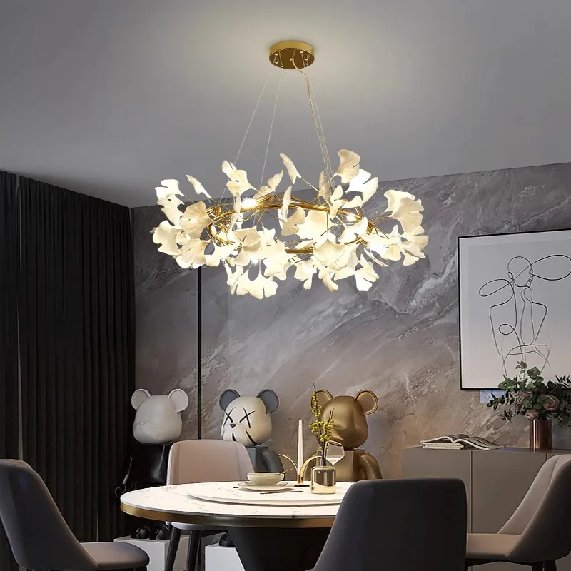 Lustre branco acrílico de folha de ginkgo, quarto, sala de estar, cozinha, decoração de iluminação doméstica, luz pendente suspensa moderna