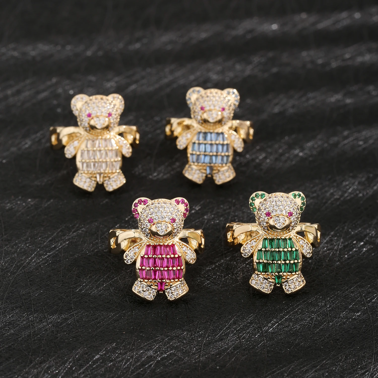 Brand new original 14k gold plated fashionable colorful red eyes cute teddy bear ring for girls animal jewelry