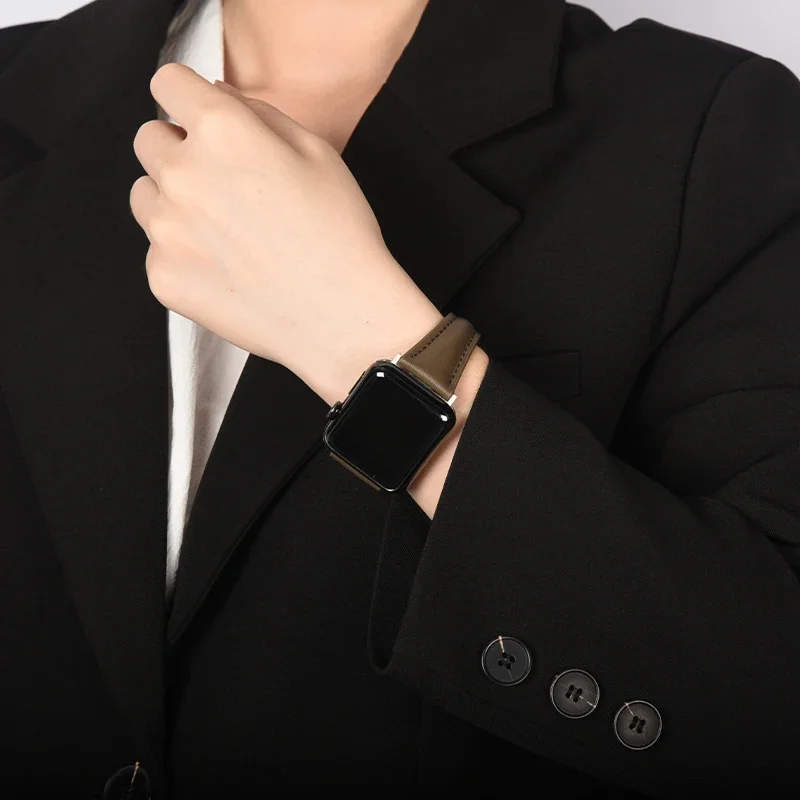 حزام من الجلد لساعة أبل 40 مللي متر 42 مللي متر 44 مللي متر 45 مللي متر 49 مللي متر 41 مللي متر صغير سليم فراشة مشبك iwatch سلسلة 9 8 7 6 SE 5 الترا 2