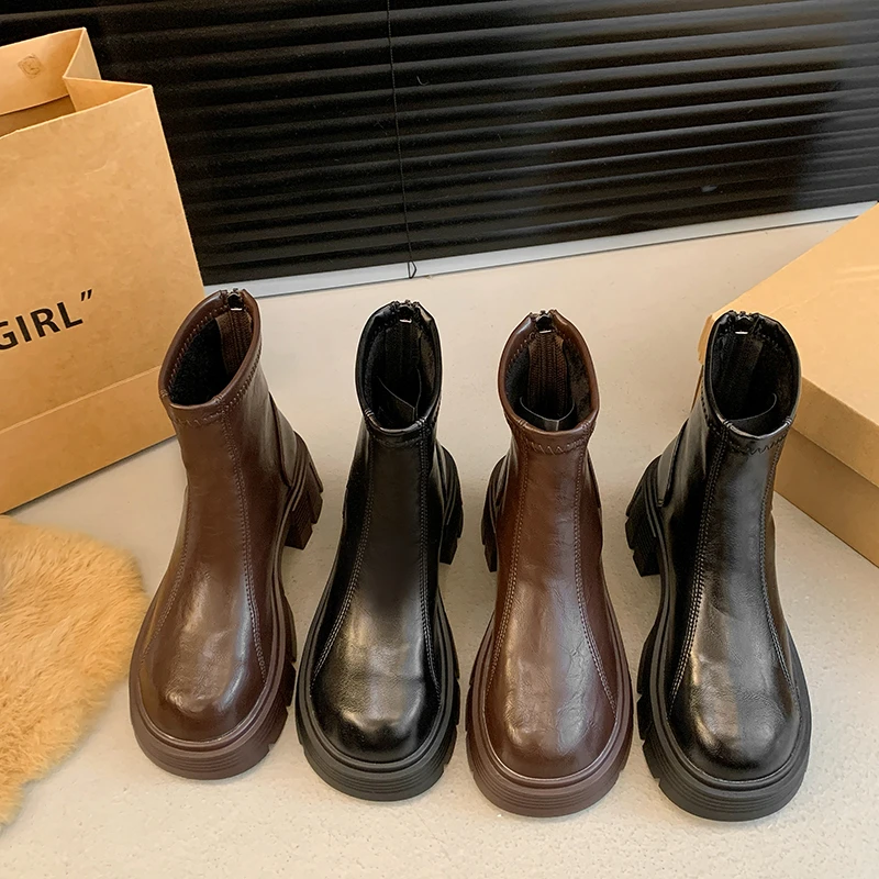 

2024, женская обувь высокого качества, женские ботильоны, лаконичные современные ботинки, женские туфли с круглым носком, на среднем каблуке, на платформе с молнией сзади, женская обувь