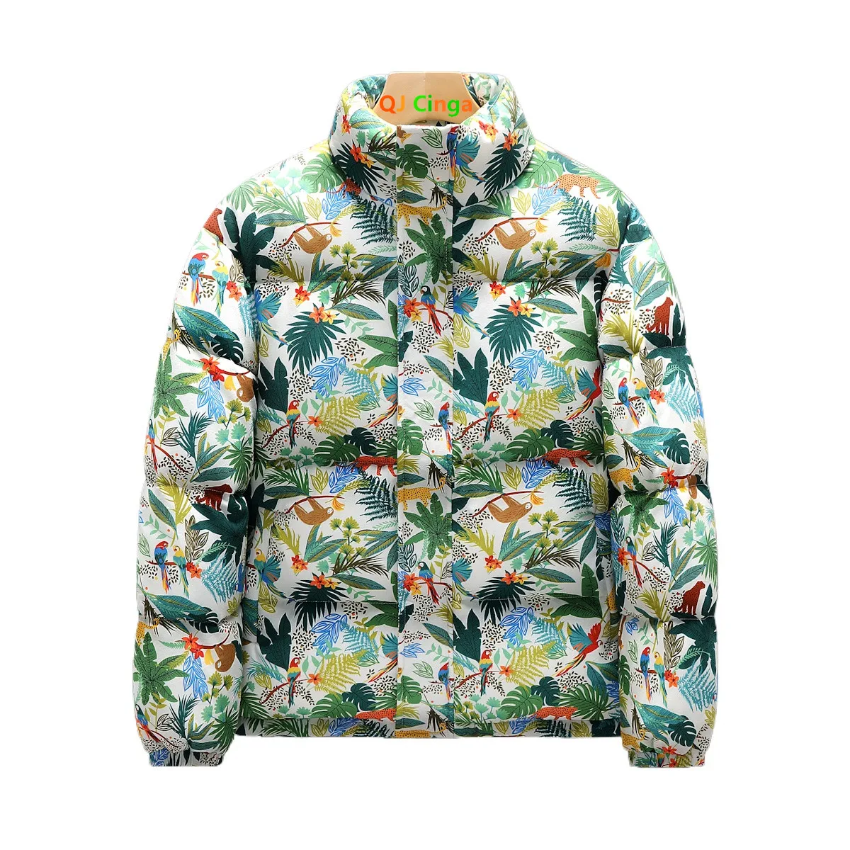 2026 Winter New Arrival Men's Green Long-Sleeve Printed Thick Jacket, Black Stand-Up Collar Parka, Beige Fashionable Warm Coat.