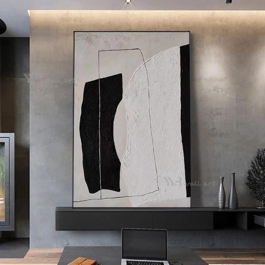 

Hand Drawn Black and White Texture Abstract Oil Painting, Modern Art for Home Walls, Hanging Picture for Hotel and Living Room
