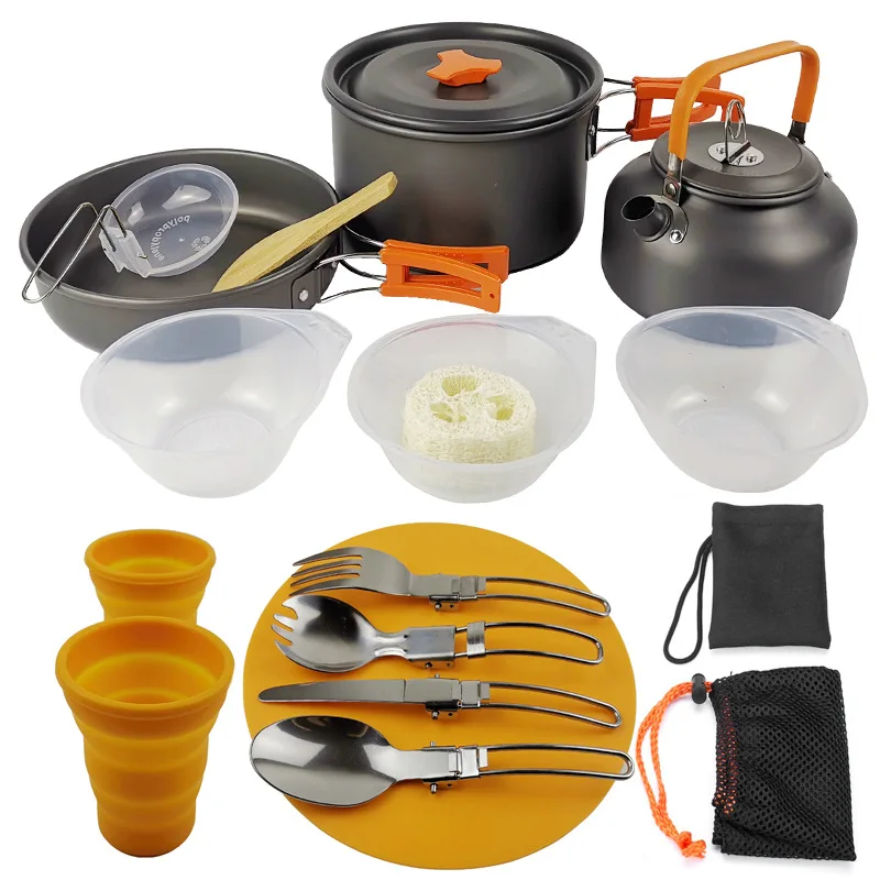 

Aluminum Alloy Camping Pot Hiking Pot Combination Portable Tableware 2-3 Person Camping Cookware Set Kitchen Utensils