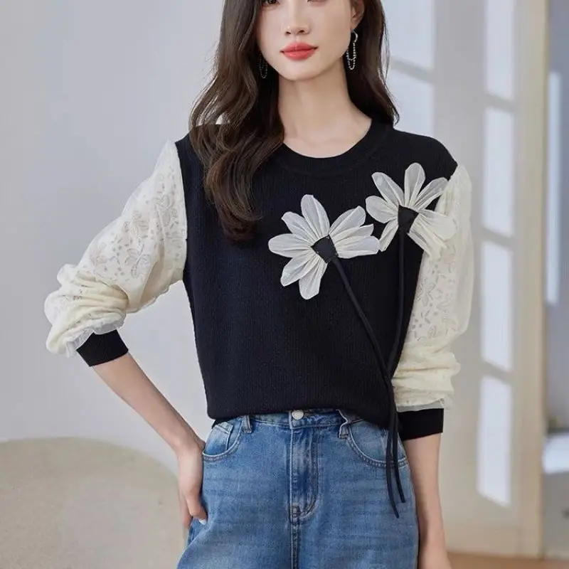 Spring Autumn Round Neck Gauze Women\'s Pullover Striped Lantern Long Sleeve Tie Flowers Sweater Knitted Casual Commute Tops