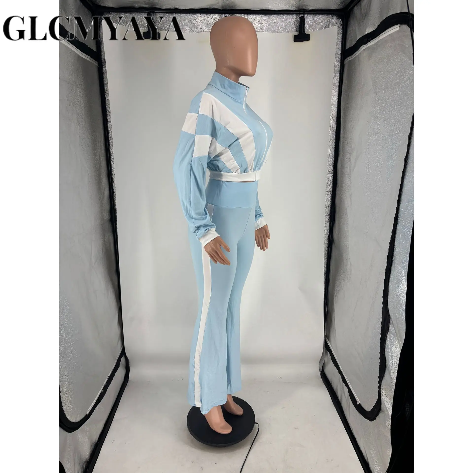 طقم نسائي رياضي مرقع من GLCMYAYA جاكيت بأكمام طويلة وسراويل رياضية واسعة الساق 2025 بدلة رياضية للياقة البدنية طقم مكون من قطعتين #5