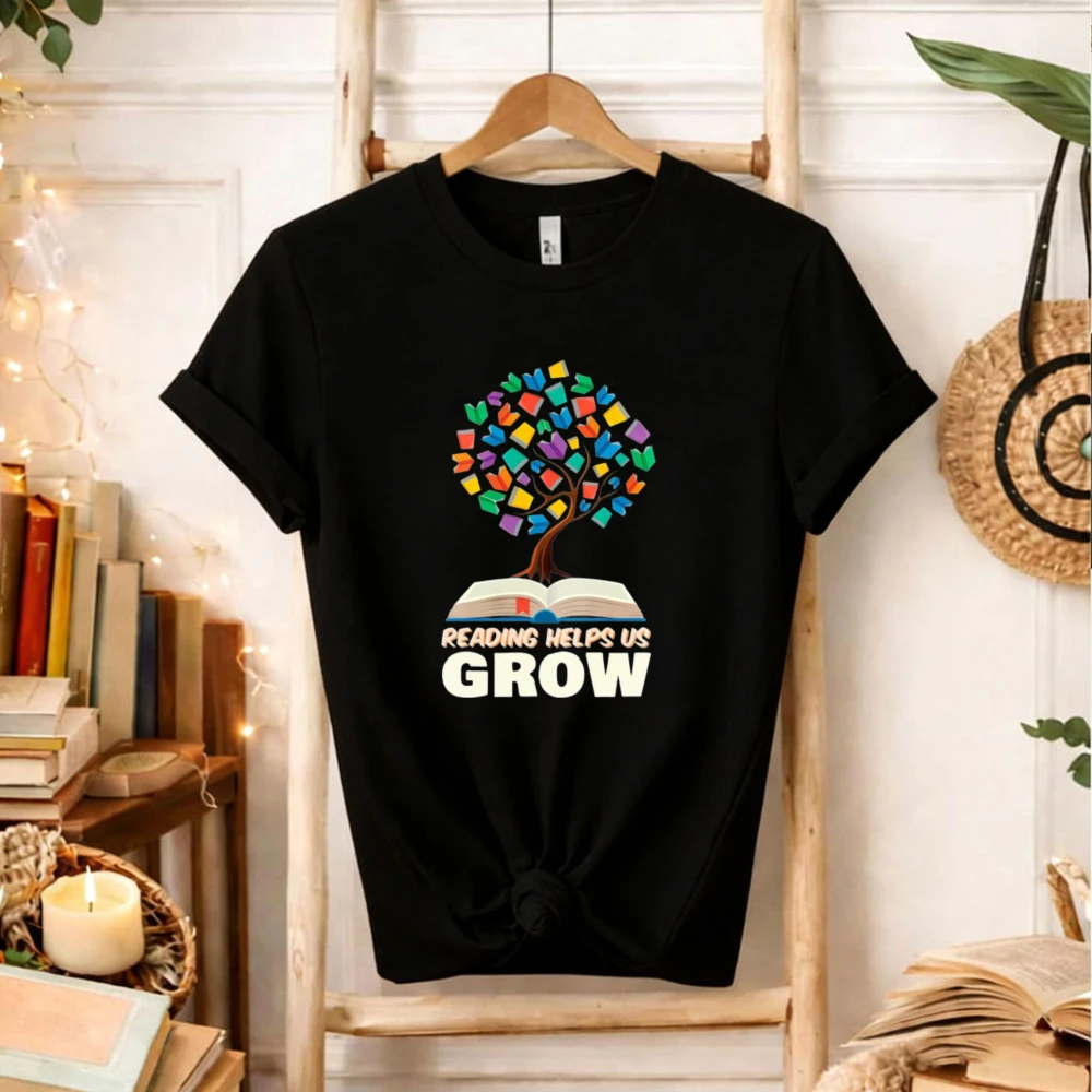 Open Book Color Book Tree Print T-shirt Reading Short Sleeve Cotton Casual Tee Gift for Reader Elementary Teacher Women