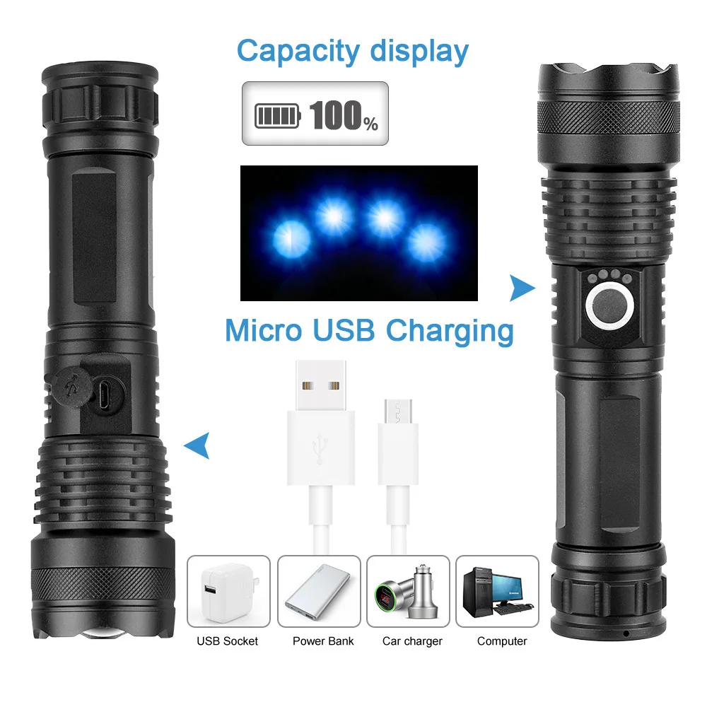 Powerful LED Flashlight USB Rechargeable Hand Light Telescopic Zoom Torch Lamp Outdoor Camping Fishing Lantern