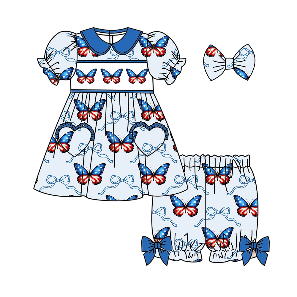 Boutique children's girl's Boy's robe and pajamas set Collared short-sleeved shorts  July 4th and bow Printing series custom