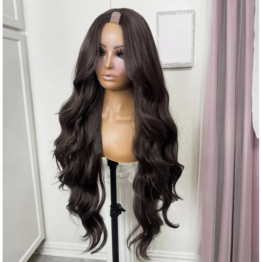 Dunkelbraun 2 # Loose Wave 1x4 Größe U-Part Perücken aus Echthaar für Schwarze Frauen, Klebefrei, Clip-in, Verstellbar, Natur Schwarz/1 # /4 # – Detail 2
