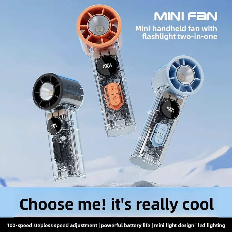 Mini Turbo Transparent Handheld Fan, 100 Stepless Speed, LED Light LCD Display Charging Fan