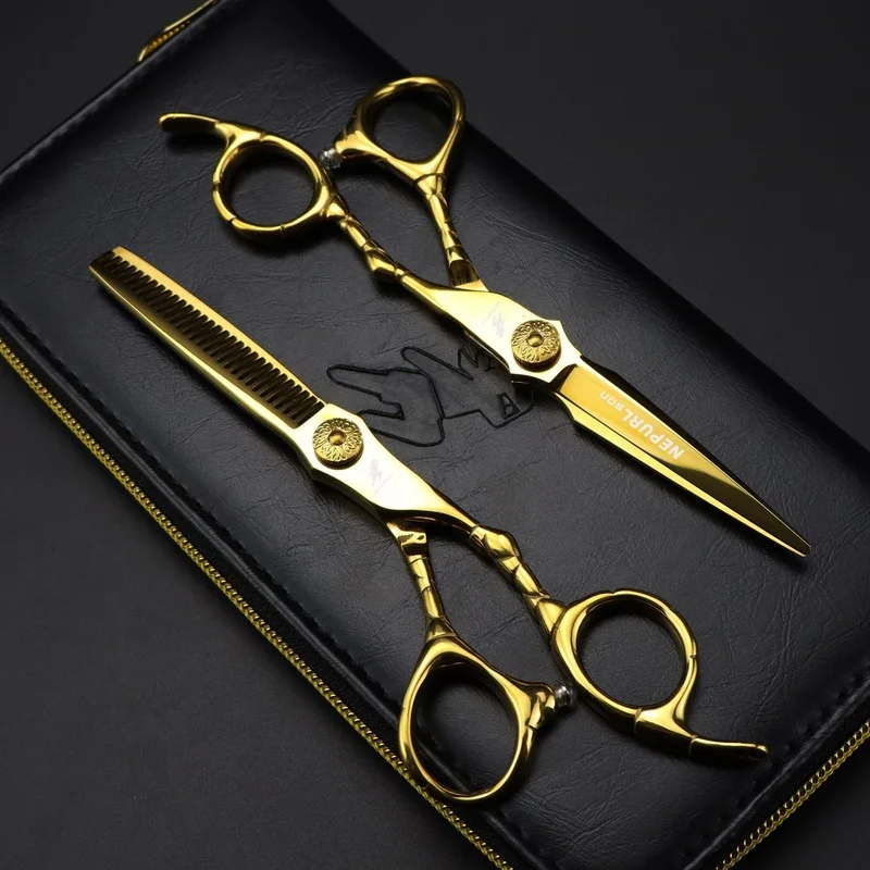 

NEPURLson 6 Inch Gold Japan 440c Steel Professional Barber Hair Cutting Scissors Kit Hairstylist Hairdressing Thinning Scissors