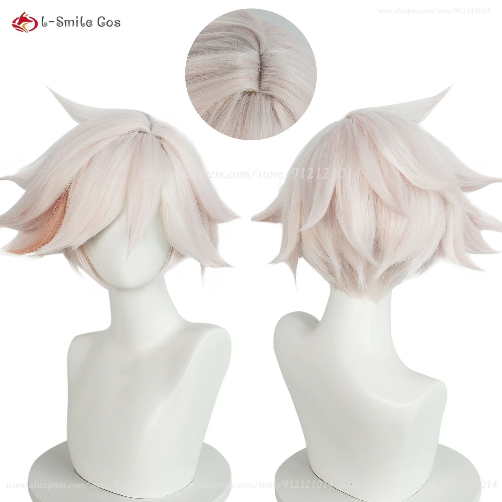 Anime Hotel Dust Angel Cosplay Wig Short Pink White Highlights Hair Heat Resistant Synthetic Wigs Halloween Wig + Wig Cap