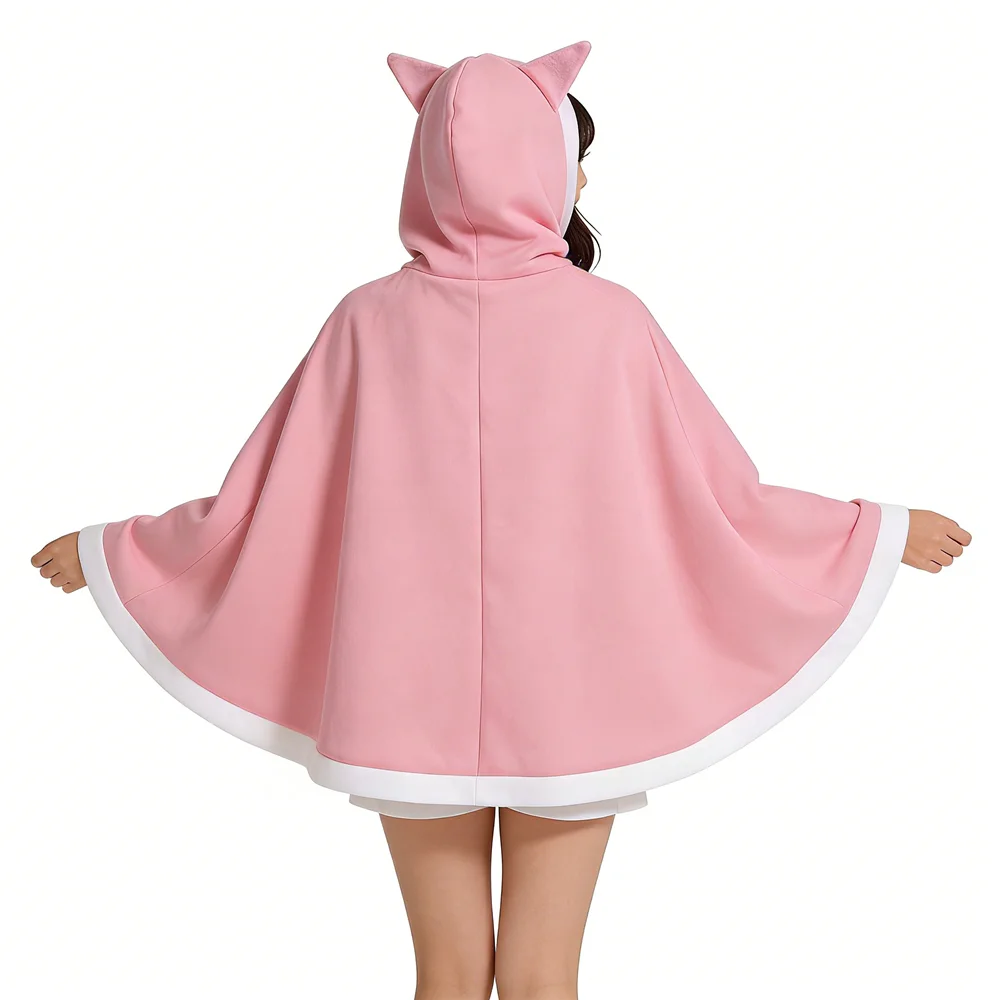 Jesienno-zimowy kawaii damski płaszcz oversize, urocza peleryna z polarową krawędzią, japoński styl Mori Girl, kurtka z kapturem z kocimi uszami.