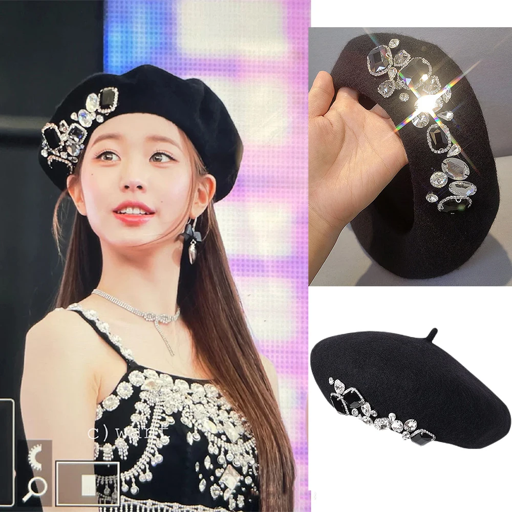 KPOP WonYoung After Like Black Rhinestone Wool Beret Vintage Painter Hat Fashion Street Decoration Fans Birthday Gift