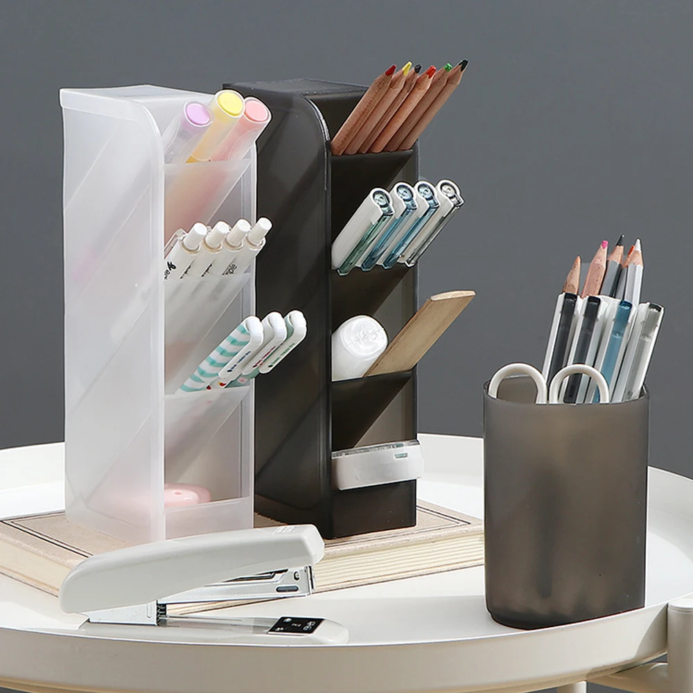Large Transparent Frosted Desktop Pen Holder, Slanted Makeup Brush and Lipstick Storage Box, Multifunctional Stationery Storage Container