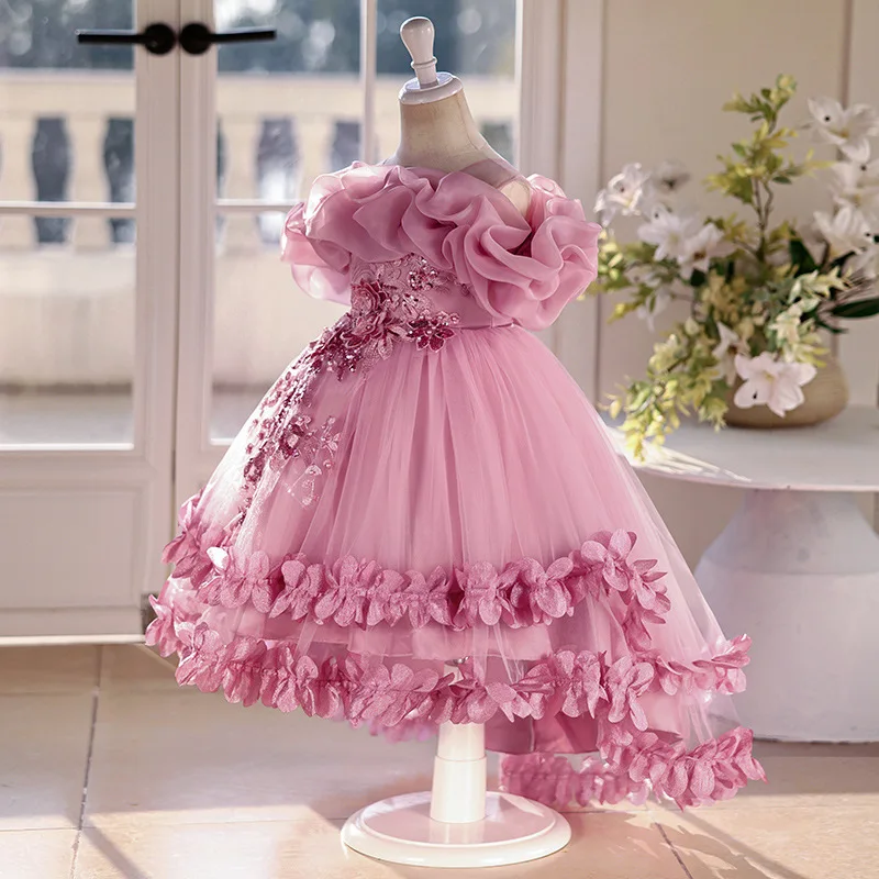 Children's Dress High-End Tail Wedding Dress Princess Dress Flower Girl Piano Performance Dress Girl's Puffy Dress