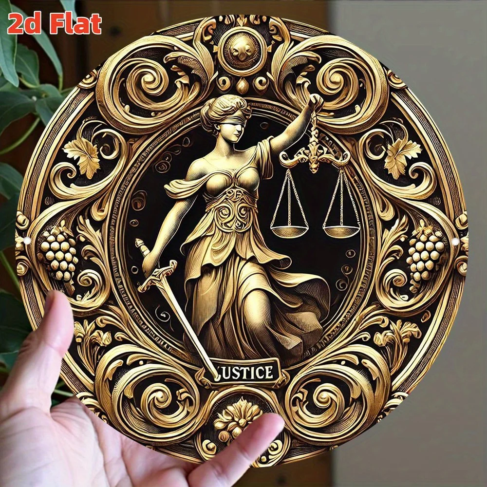 لوحة فنية جدارية مسطحة ثنائية الأبعاد، آلهة العدالة المسطحة ثنائية الأبعاد - سيدة العدالة مع الموازين والسيف تحمز الجنية والحماية، متينة أ