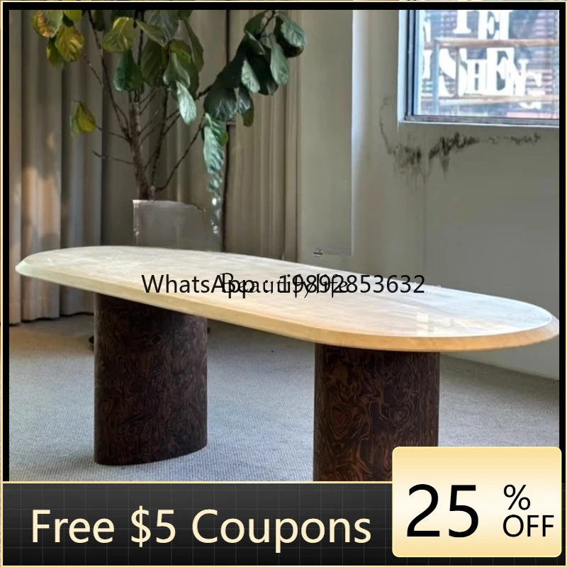 

W2 Medieval Style Solid Wood Vintage Marble Dining Table Home Villa Oval Dining Table