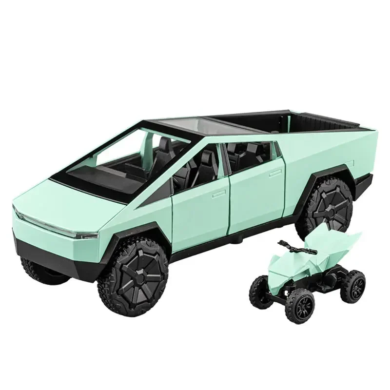 Coche de juguete Tesla Cybertruck Pickup modelo S, modelo X, modelo Y, Metal fundido a presión, Colección todoterreno, tirar hacia atrás, luz de sonido, regalo para niños, 1/32