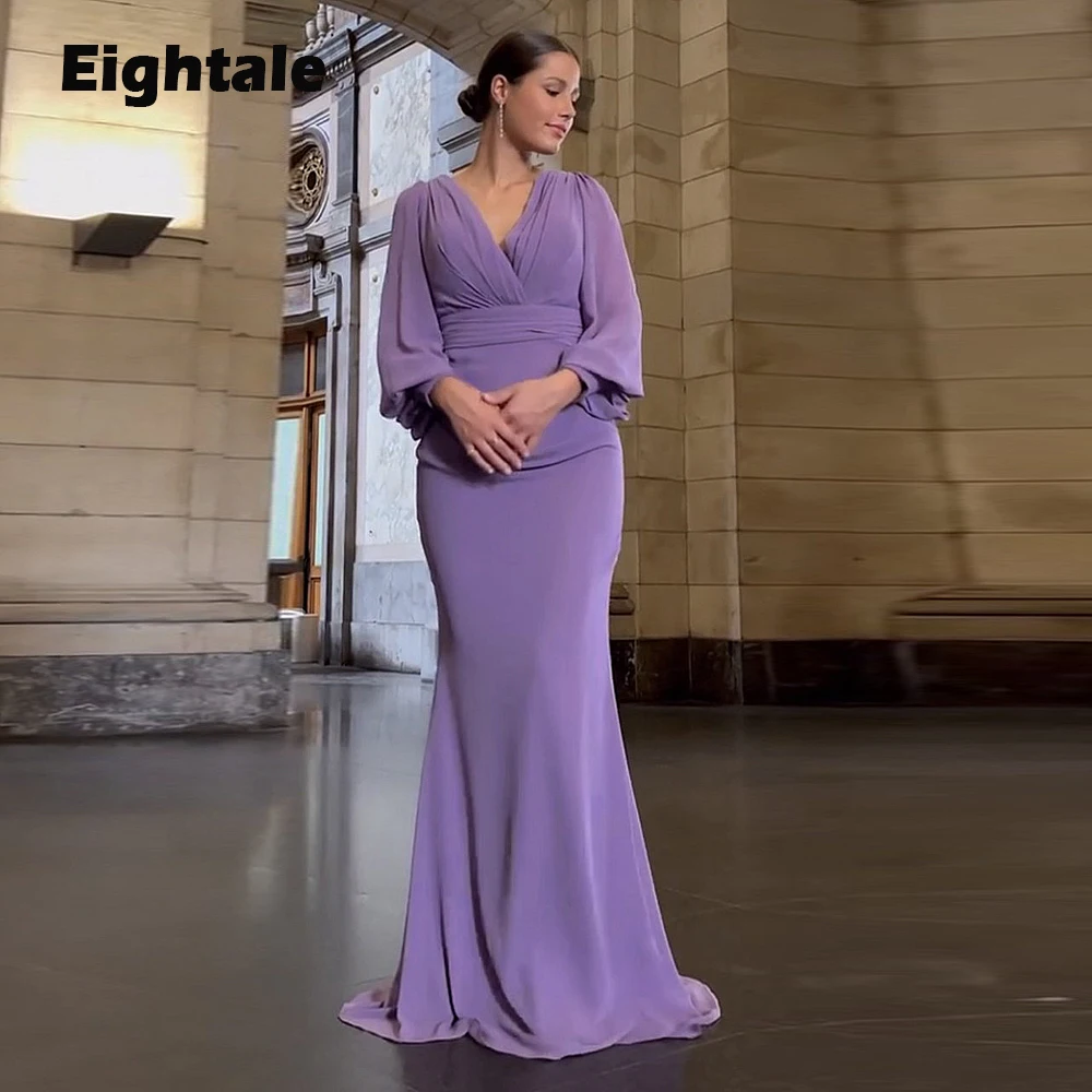 

Eightale Purple Evening Dresses for Wedding Party Long Sleeves V-Neck Chiffon Arabic Mermaid Dubai Celebrity Formal Prom Gowns