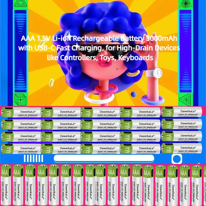 

AAA 1.5V Li-ion Rechargeable Battery 3000mAh with USB-C Fast Charging, for High-Drain Devices Like Controllers, Toys, Keyboards