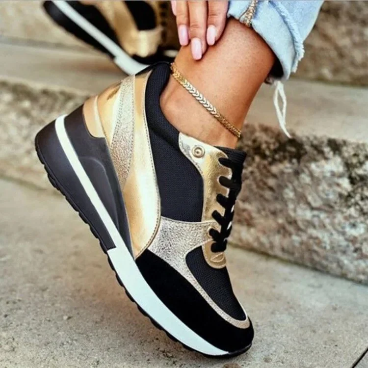 

New Thick Soled Women's Shoes Comfortable Flat Casual Sneakers Sparkling Slope Heel Breathable Sneaker Walking Shoes 35-43