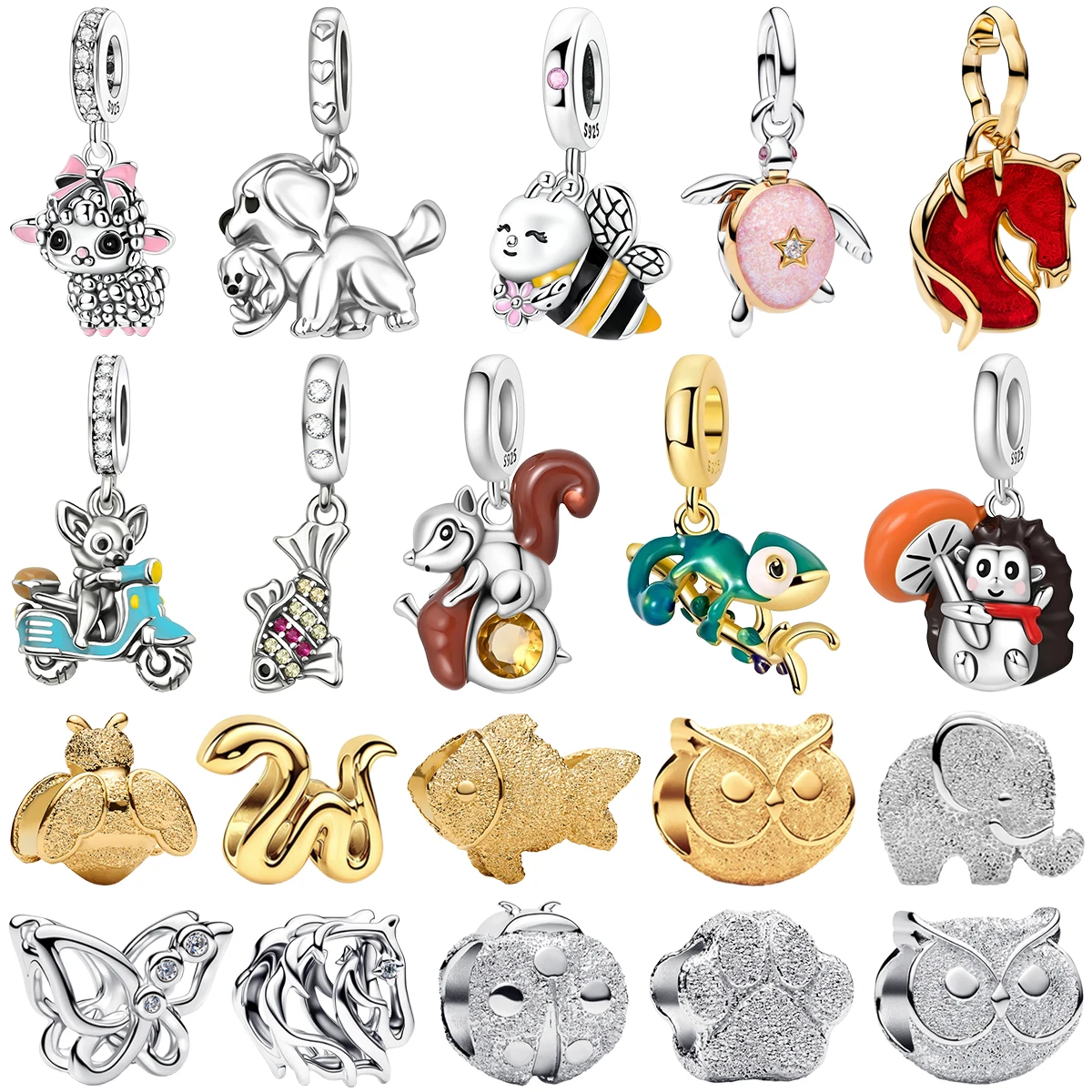 

Милые ажурные эмалевые шармы-бусины из серебра 925 пробы с блестками в виде животных: ягненок, черепаха, щенок, рыба, слон, ежик, сова. Изысканные ювелирные украшения, подарок.