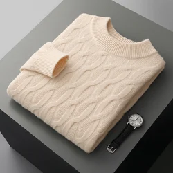 Autumn and winter new thick 100% wool cashmere sweater men's semi-high neck twisted pullover plus size coat casual knit top