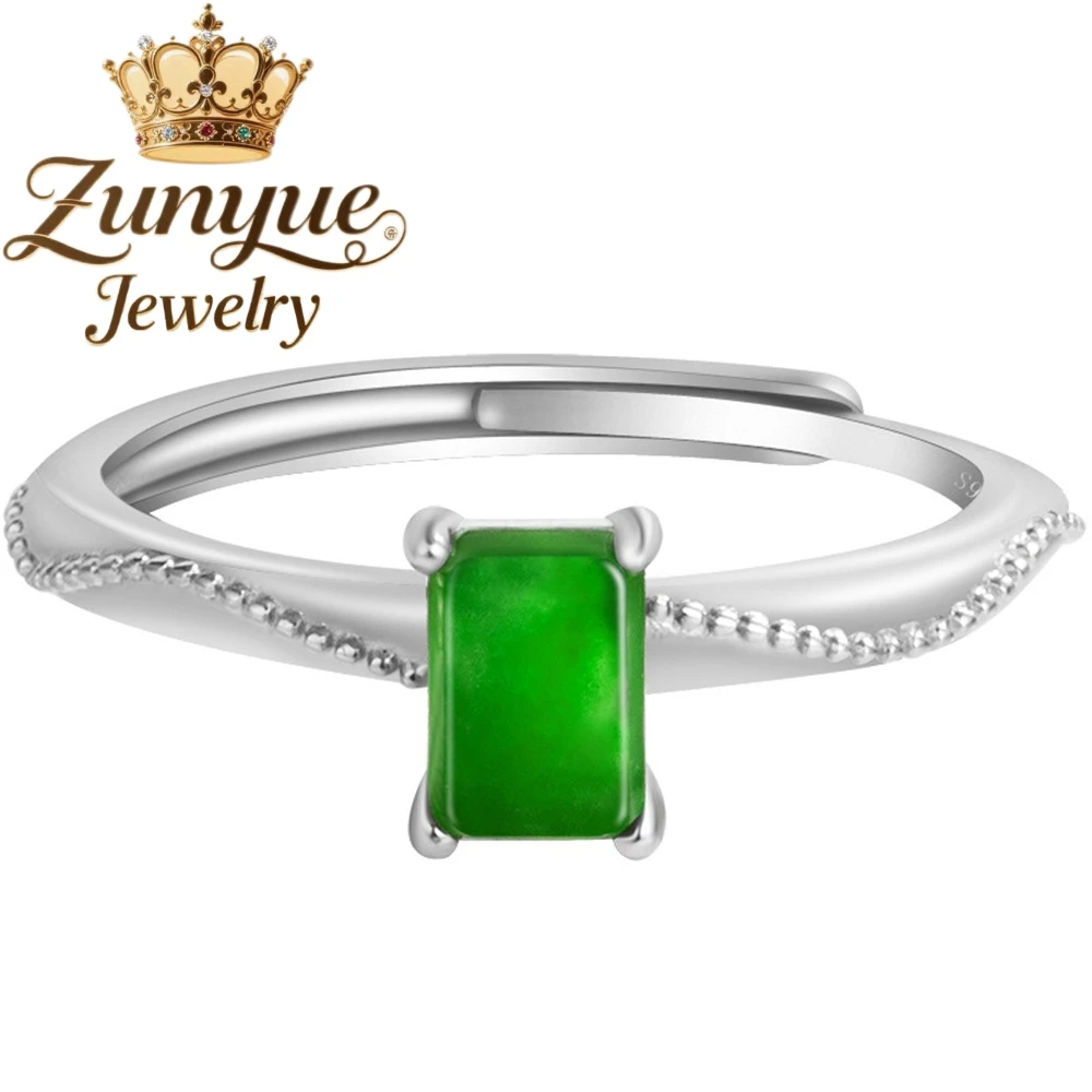 

S925 Silver Natural A-Grade Jade Sunny Green Small Square Sugar Saddle Ring Ice Type Jadeite Ring Fashionable Ring For Women