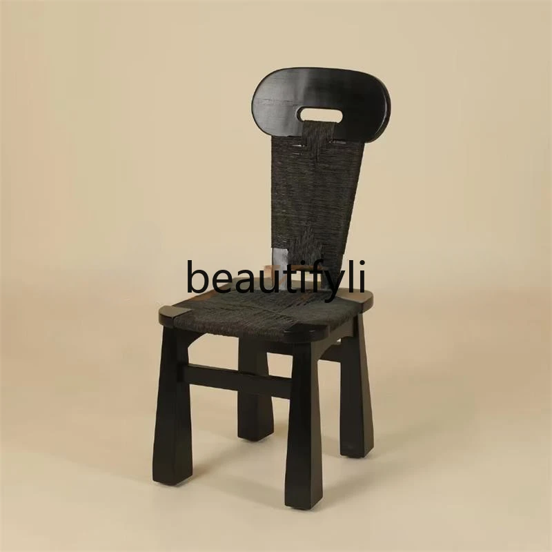 

Retro homestay rattan solid wood dining chair home designer back chair black French medieval chair